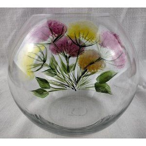Vintage Clear Glass Handpainted Mimosa Flowers Bowl Kitchen Moon Vase Decor